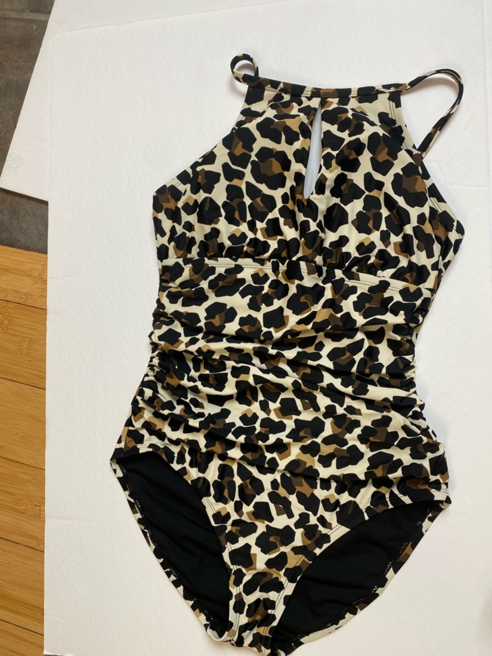 Ellen Tracy Leopard Halter One-Piece Swimsuit - Brown/Black/Cream